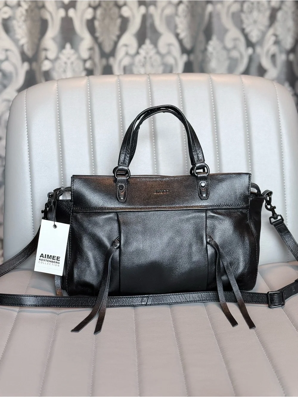 Aimee Kestenberg 3 Way Black Leather Satchel Crossbody & Shoulder Bag